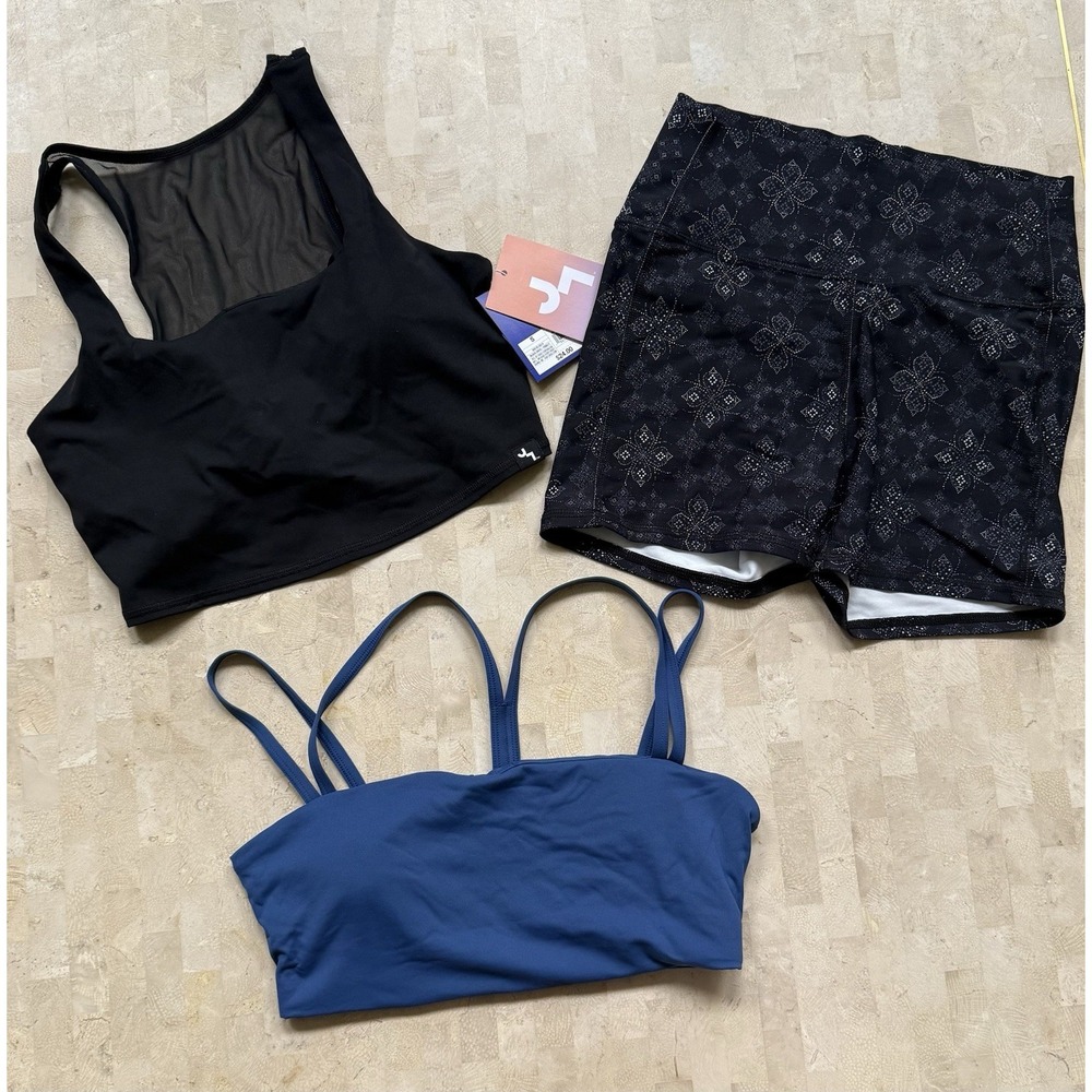 Joy Lab Lot of 3 NWT‎ Crop Top Floral Biker Shorts Blue Sports Bra Sz Small